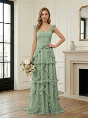 Ethereal Sky Blue Tiered Ruffle Chiffon Maxi Dress Gown