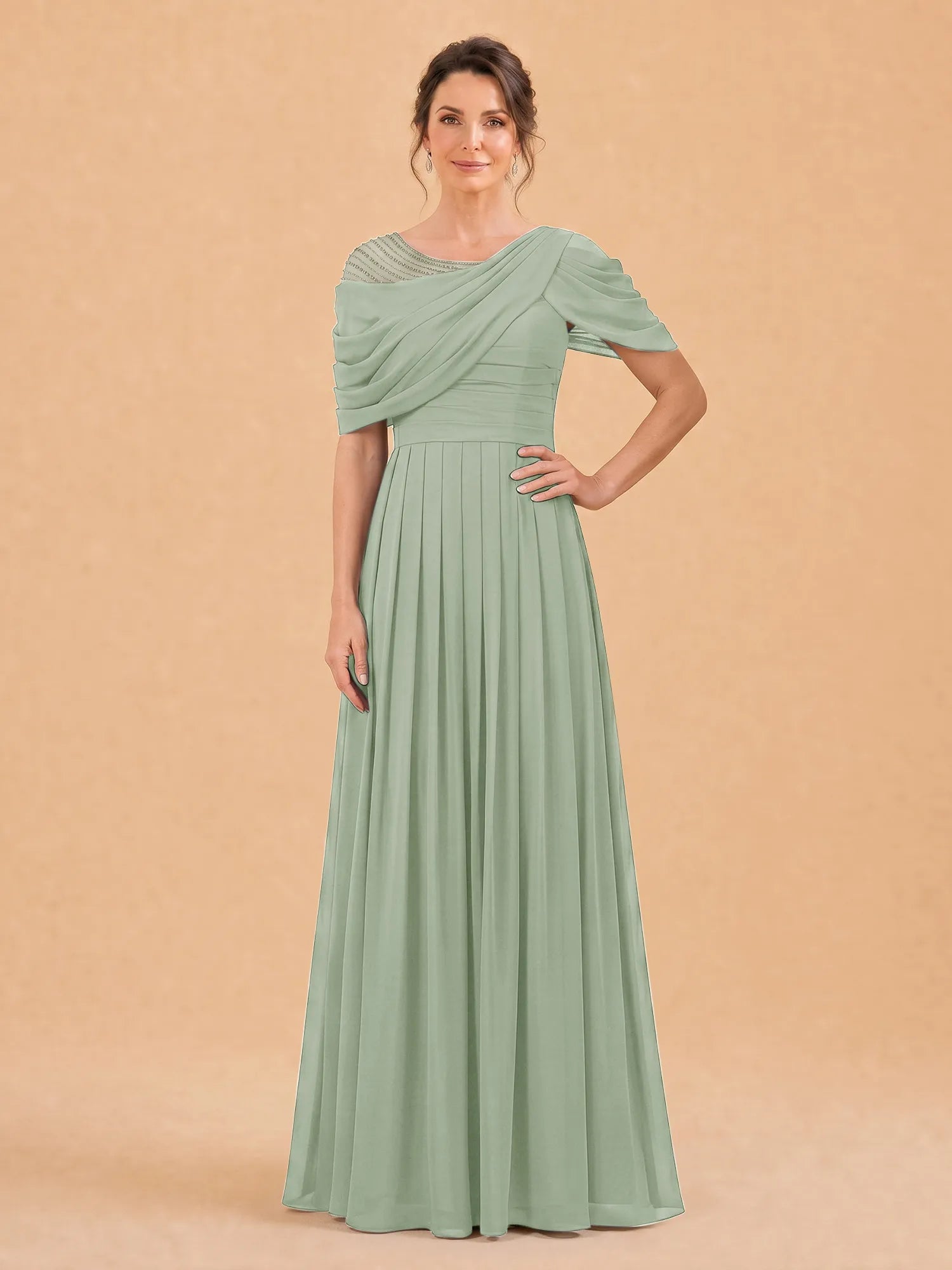 One-Shoulder Cape Overlay Chiffon Mother of the Bride Dress
