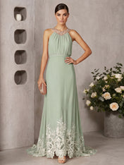 Pink Beaded Ruched Chiffon Halter Sleeveless A-Line Gown Maxi Dress