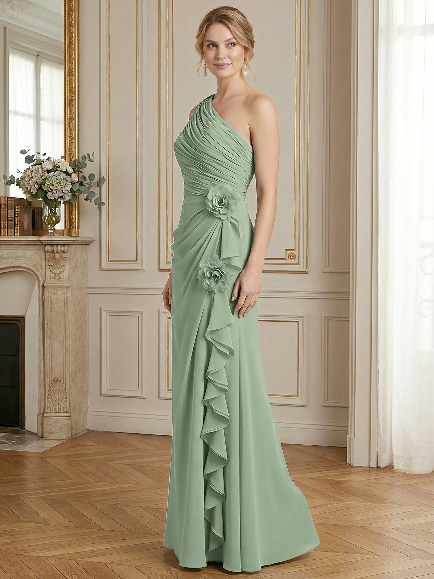 Dusty Blue One-Shoulder Ruched Floral Maxi Dress Gown