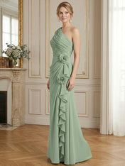 Dusty Blue One-Shoulder Ruched Floral Maxi Dress Gown