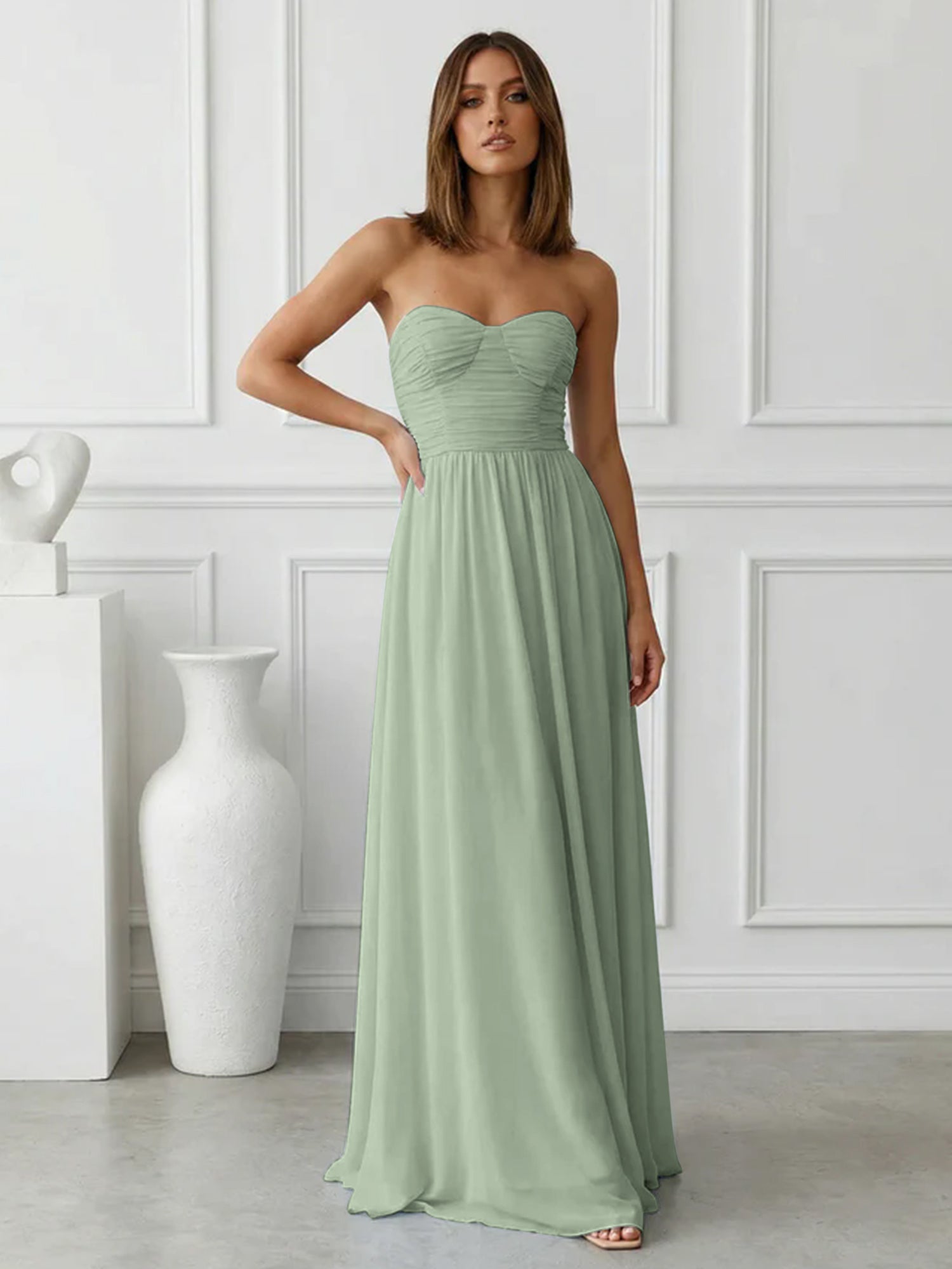 Light Blue Sweetheart Chiffon A Line Maxi Dress with Pleat