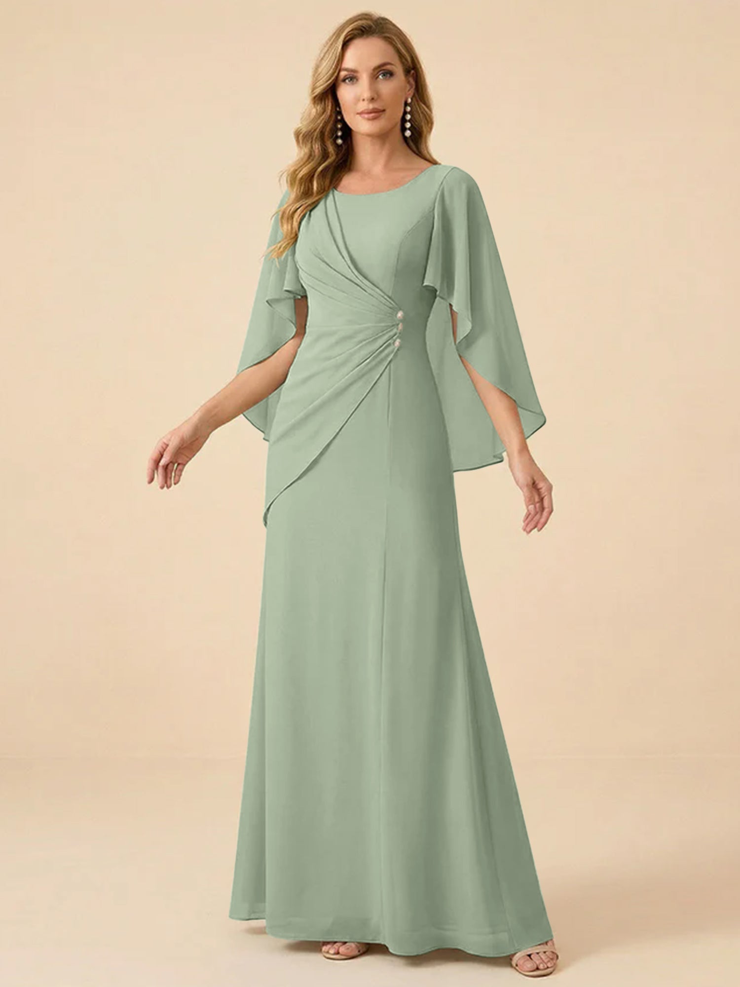 Sage Green Chiffon Beaded Mother of the Bride Dress with Cape Sleeves