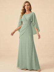 Sage Green Chiffon Beaded Mother of the Bride Dress with Cape Sleeves