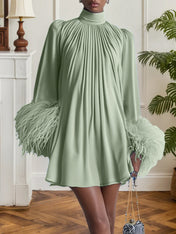 Blue Feather Ruched Chiffon Mock Neck Long Sleeve A-Line Mini Dress
