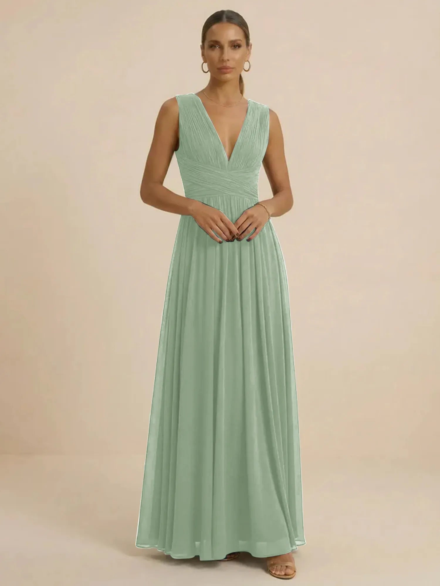 Teal Pleated V-Neck Chiffon Evening Gown with Ruched