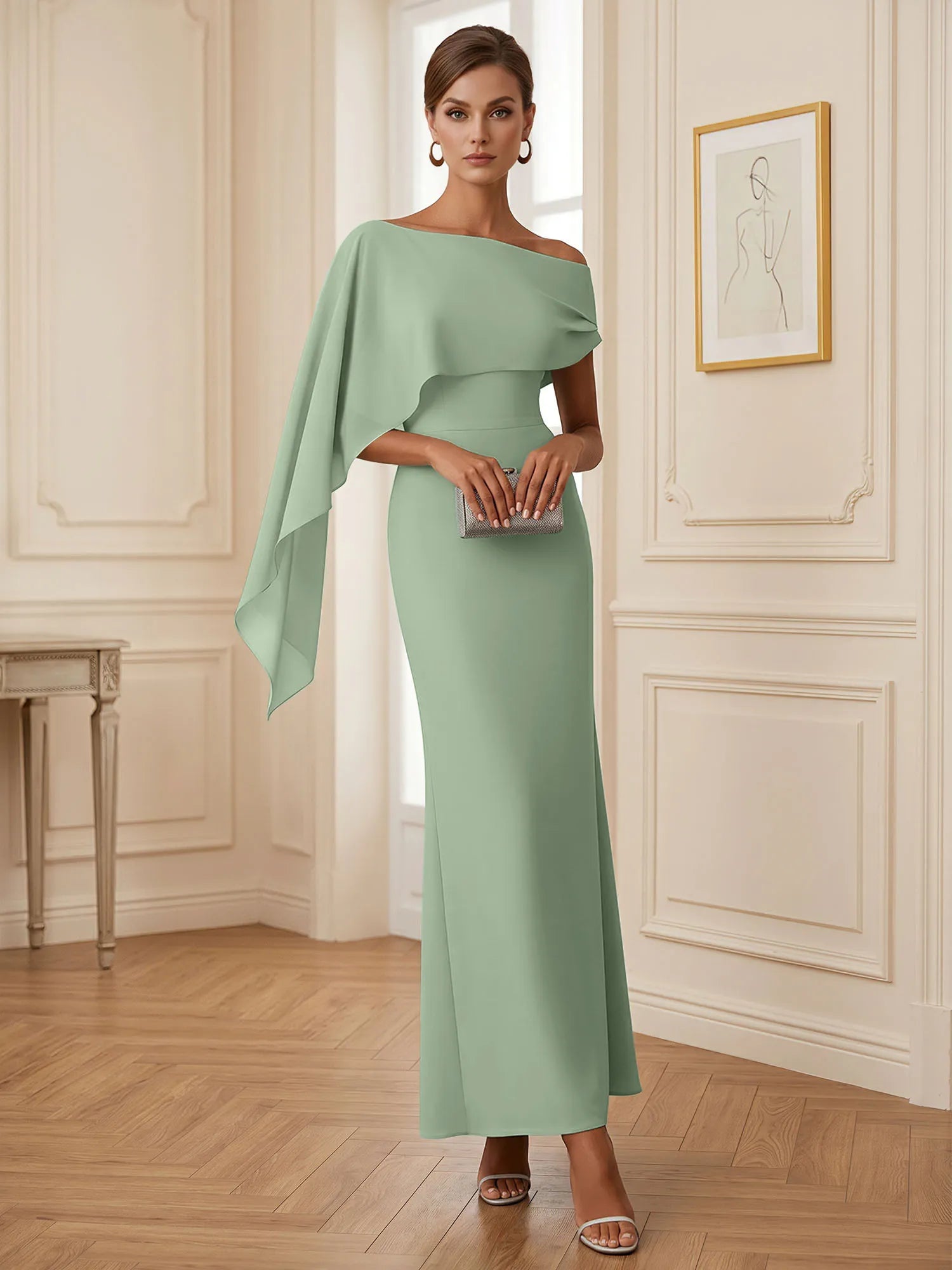 Elegant Mint Green One-Shoulder Chiffon Mermaid Formal Evening Dress with Cape and Ruffles