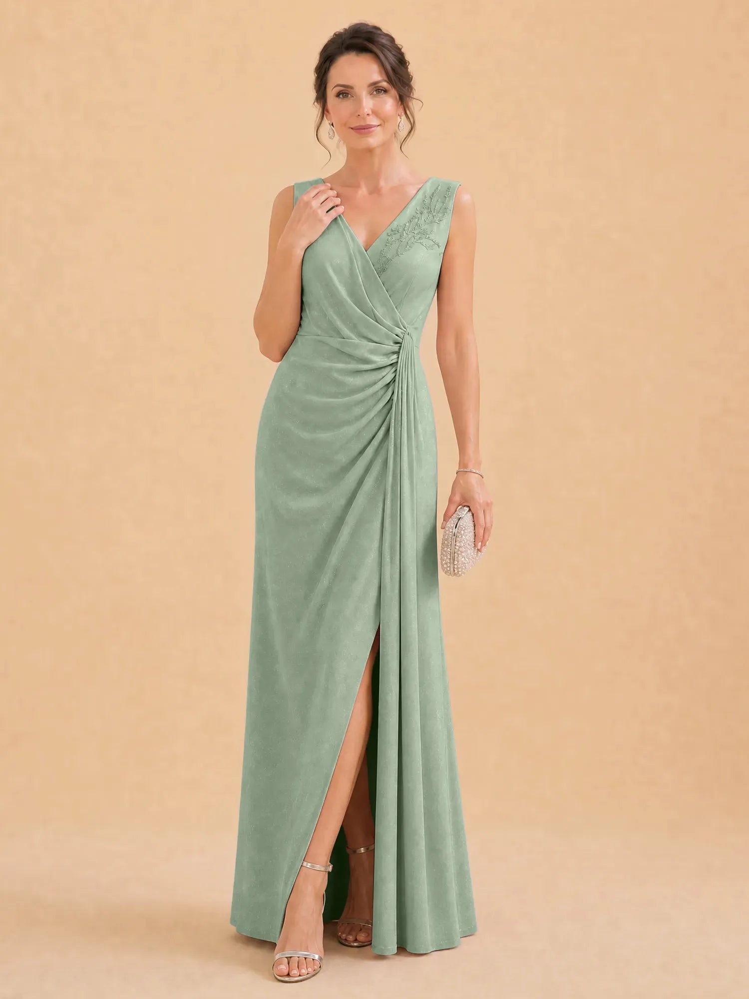 V-Neck Faux-Wrap Evening Gown with Side Draping Mother of The Bride Dresses