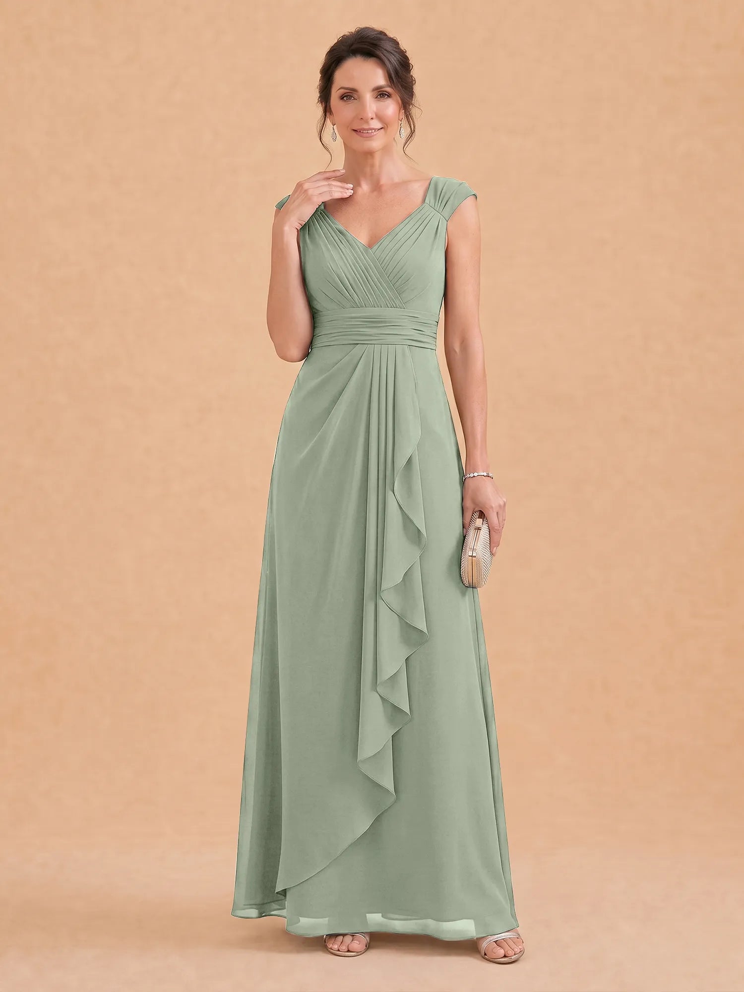 V-Neck Ruched Chiffon A-Line Mother of the Bride Dress with Cascading Ruffle