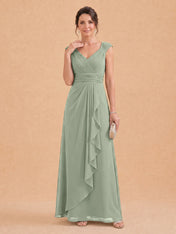V-Neck Ruched Chiffon A-Line Mother of the Bride Dress with Cascading Ruffle