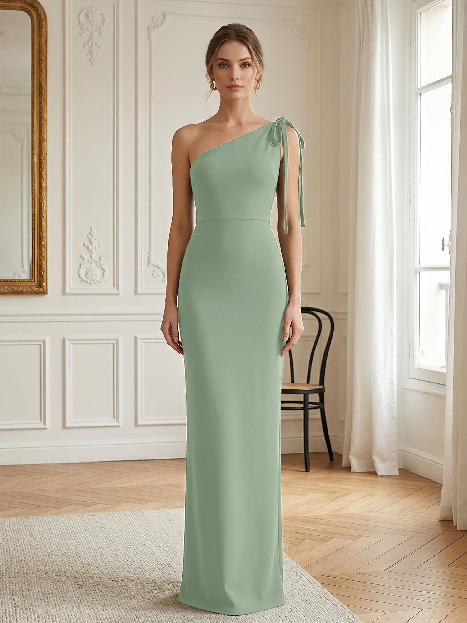 Green Formal Evening Dress Sheath One Shoulder Sleeveless Maxi Dress Gown
