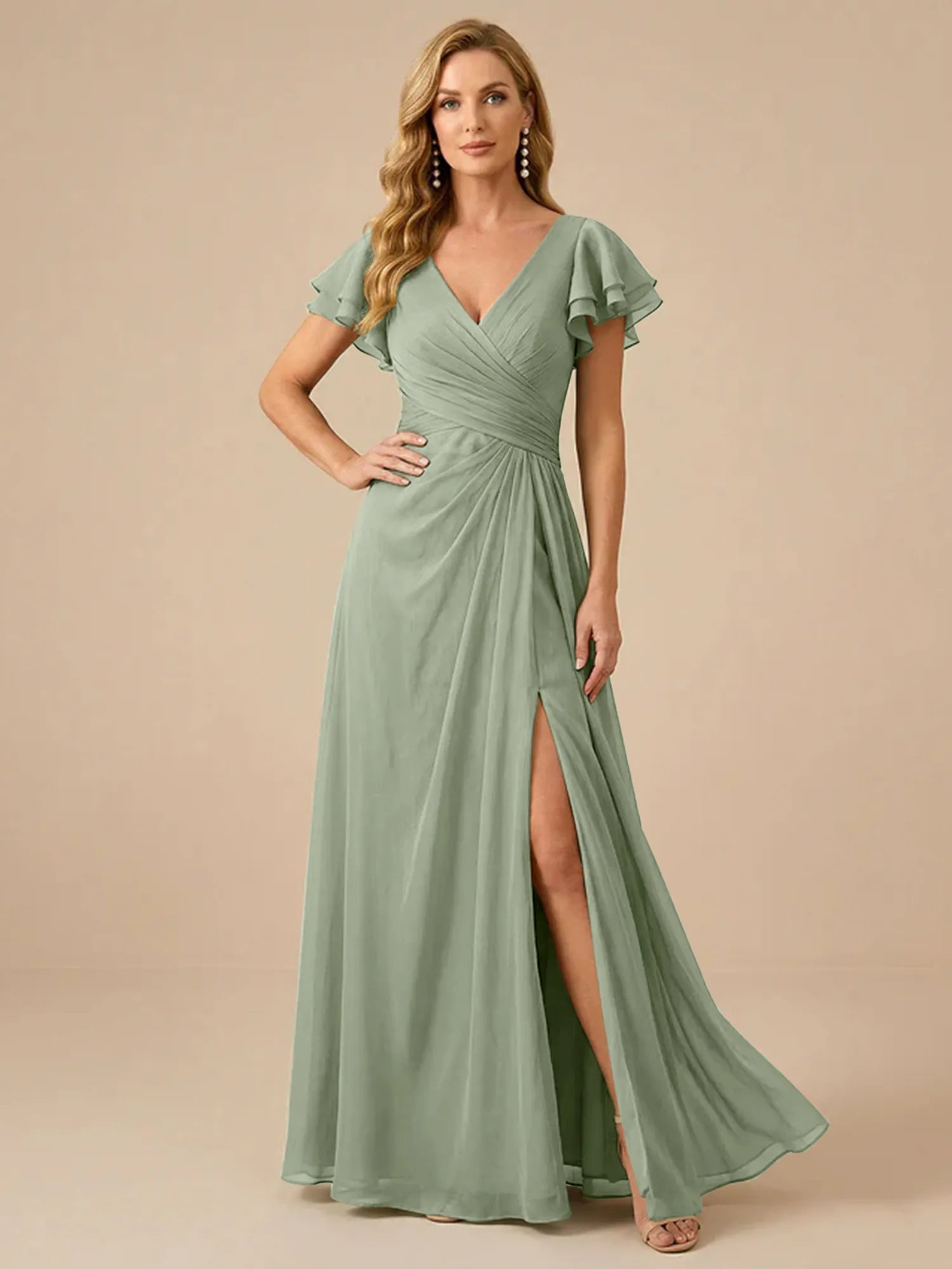 Sage Green V-Neck High-Slit Pleated Chiffon Dress