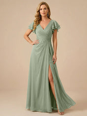 Sage Green V-Neck High-Slit Pleated Chiffon Dress