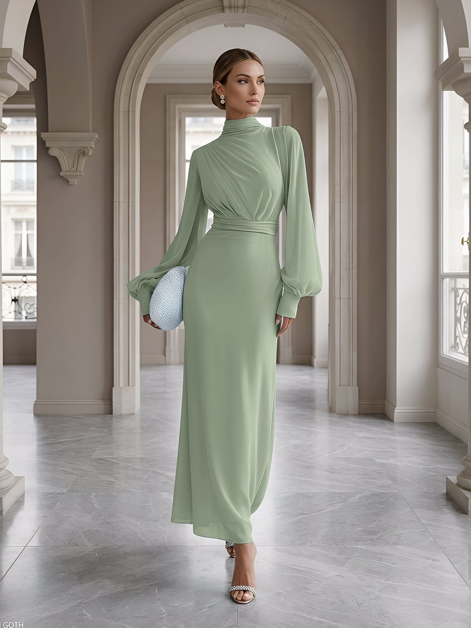 Ice Blue High-Neck Bishop Sleeve Gown Foraml Evening Dress