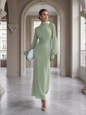 Ice Blue High-Neck Bishop Sleeve Gown Foraml Evening Dress
