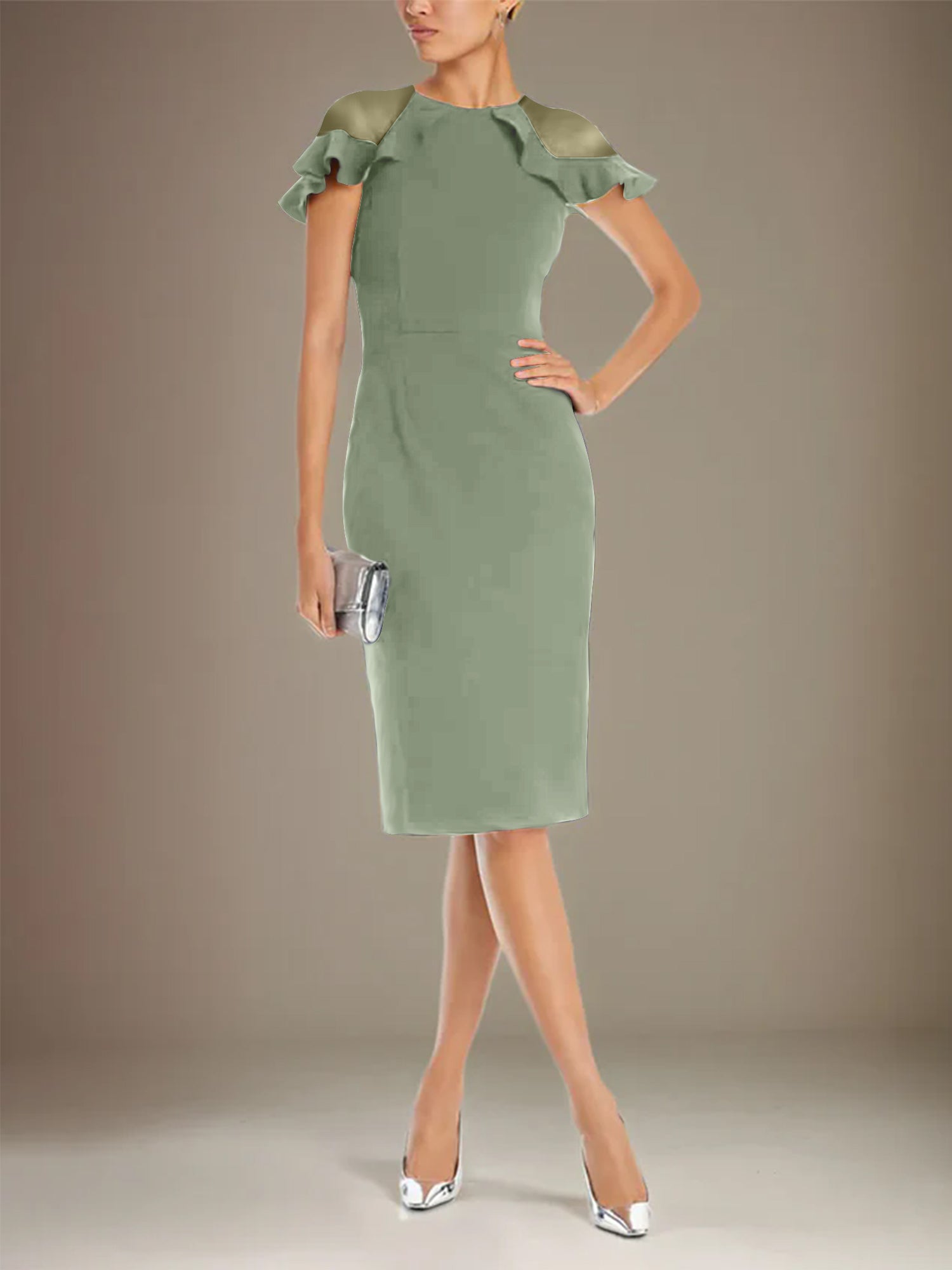 Column Stretch Crepe Scoop Short Sleeves Knee Length Dress