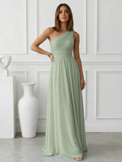 Timeless Light Blue One-Shoulder Maxi Dress Ruched Chiffon Gown