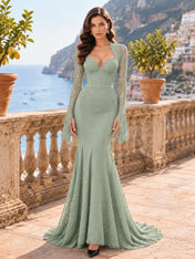 Long-Sleeve Lace-Trimmed Mermaid Evening Dress