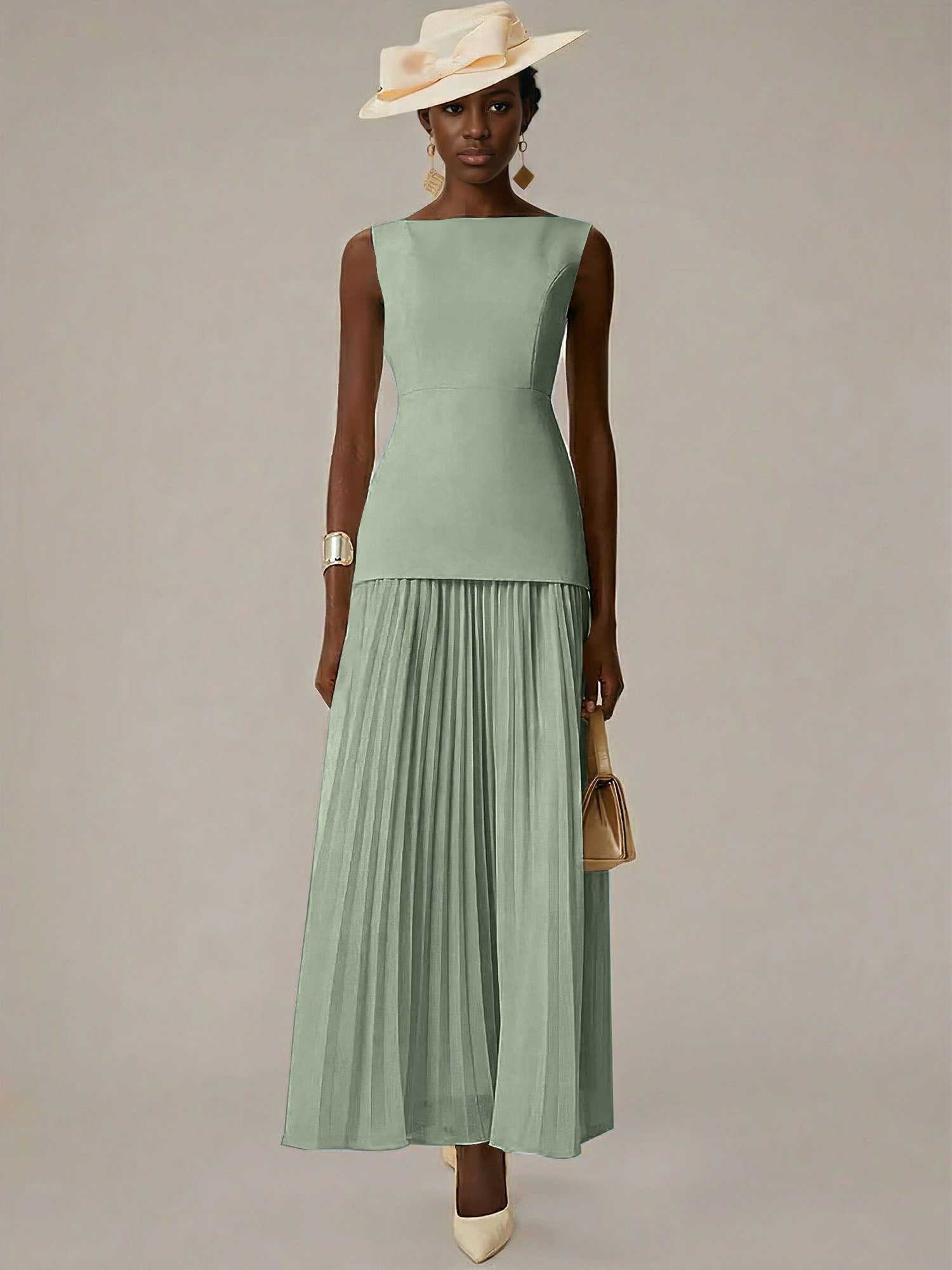 White A Line Chiffon Round Neck Sleeveless Floor Length Dresses