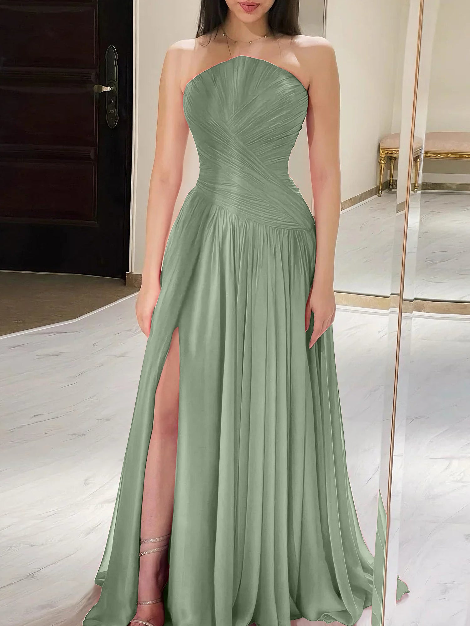 Red Pleated Chiffon Strapless Long Prom Dress with Slit