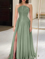 Red Pleated Chiffon Strapless Long Prom Dress with Slit