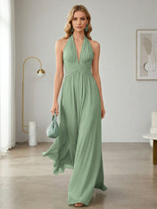 Elegant Sage Green Halter Chiffon Maxi Gown