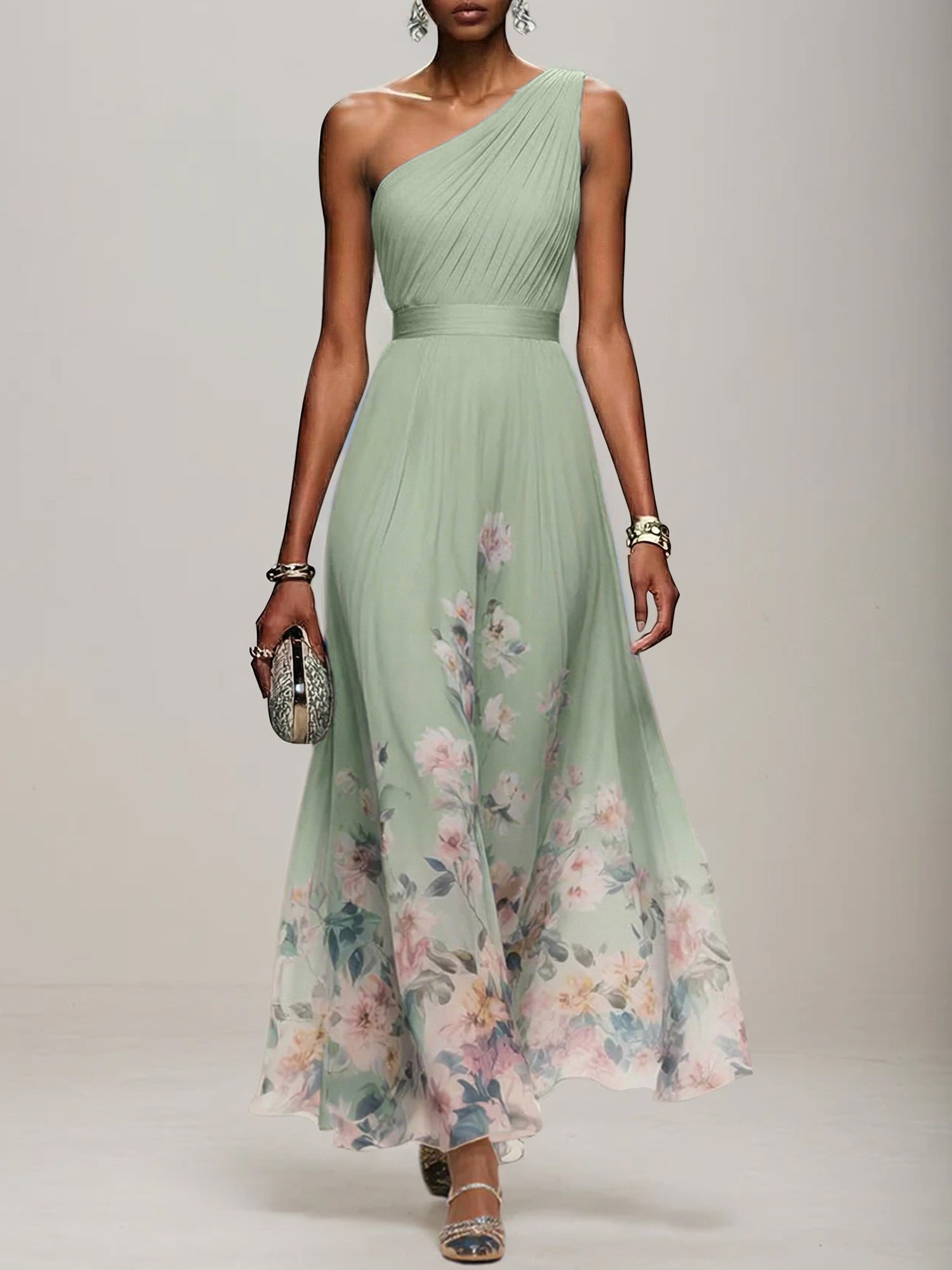 Light Blue Floral Chiffon One Shoulder Sleeveless A-Line Maxi Dress Gown