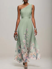 Light Blue Floral Chiffon One Shoulder Sleeveless A-Line Maxi Dress Gown
