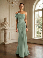 One Shoulder Pleat Mermaid Chiffon Evening Dresses for Women Gown