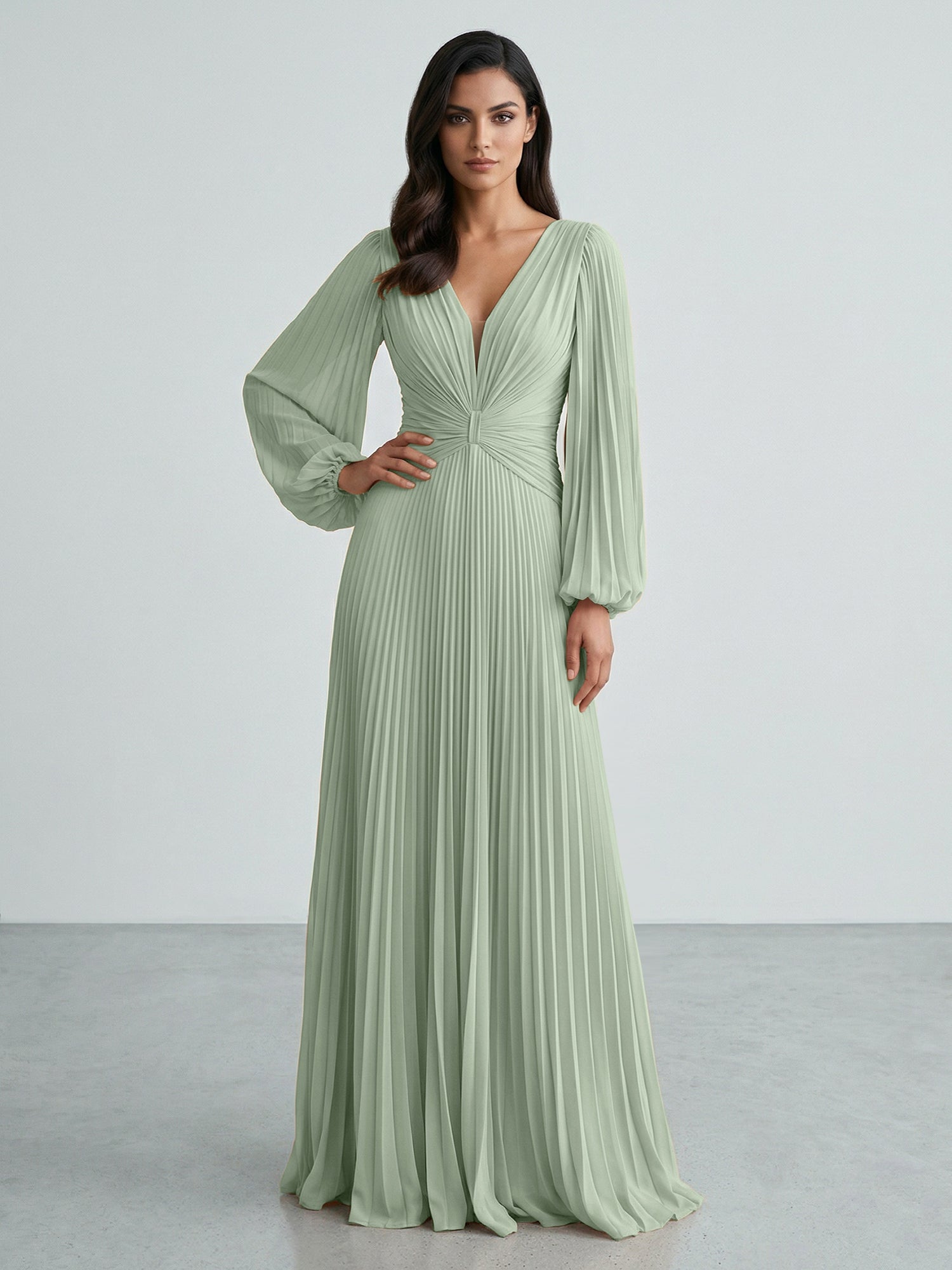 Slate Blue Plunging V-Neck Pleated Long Sleeve Maxi Dress Gown