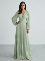 Slate Blue Plunging V-Neck Pleated Long Sleeve Maxi Dress Gown