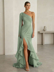 Glamorous Midnight Navy Formal Evening Dress One-Shoulder Ruched Cape Gown