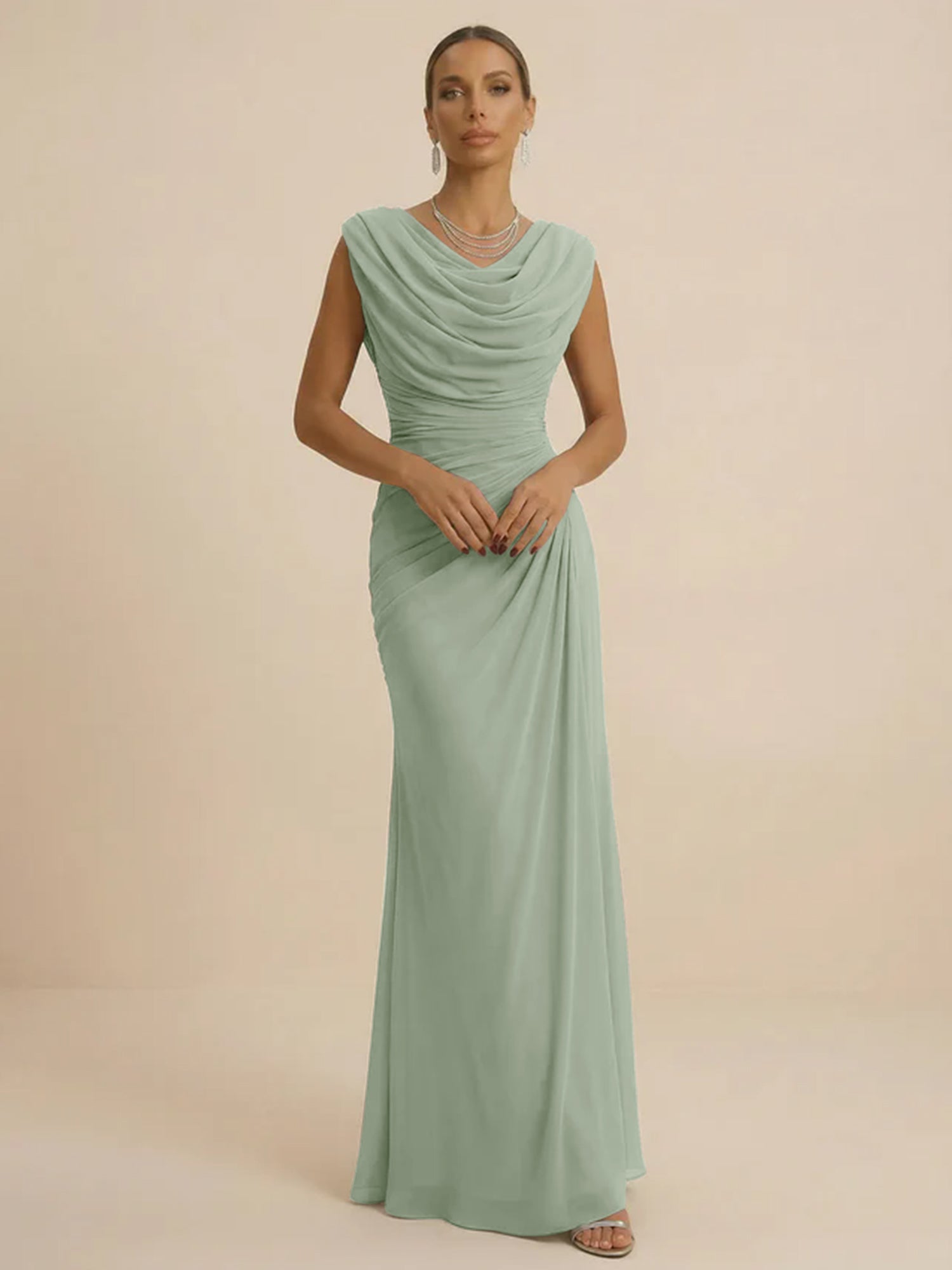 Dusty Grey Draped Cowl Neck Ruched Chiffon Evening Dresses