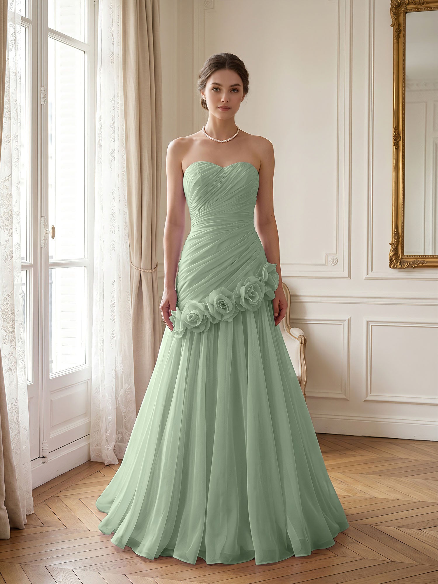 Lilac 3D Rosette Strapless Chiffon Evening Formal Gown Wedding Guest Dress