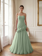 Lilac 3D Rosette Strapless Chiffon Evening Formal Gown Wedding Guest Dress