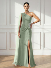 Formal Evening Dress Burgundy One Shoulder Slit Maxi Dress Gown