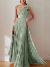 Prom Formal Pleated Dress Rose Color One-Shoulder Maxi Dress