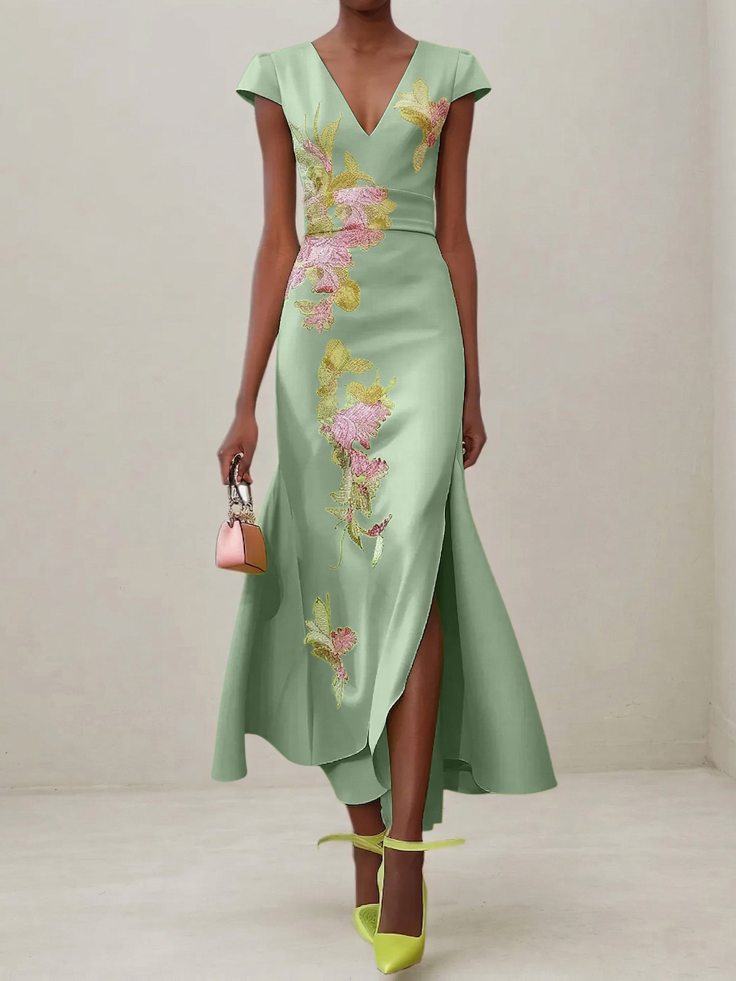 Green Floral V Neck Embroidered Cap Sleeve Slit Sheath Maxi Dress