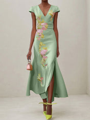 Green Floral V Neck Embroidered Cap Sleeve Slit Sheath Maxi Dress