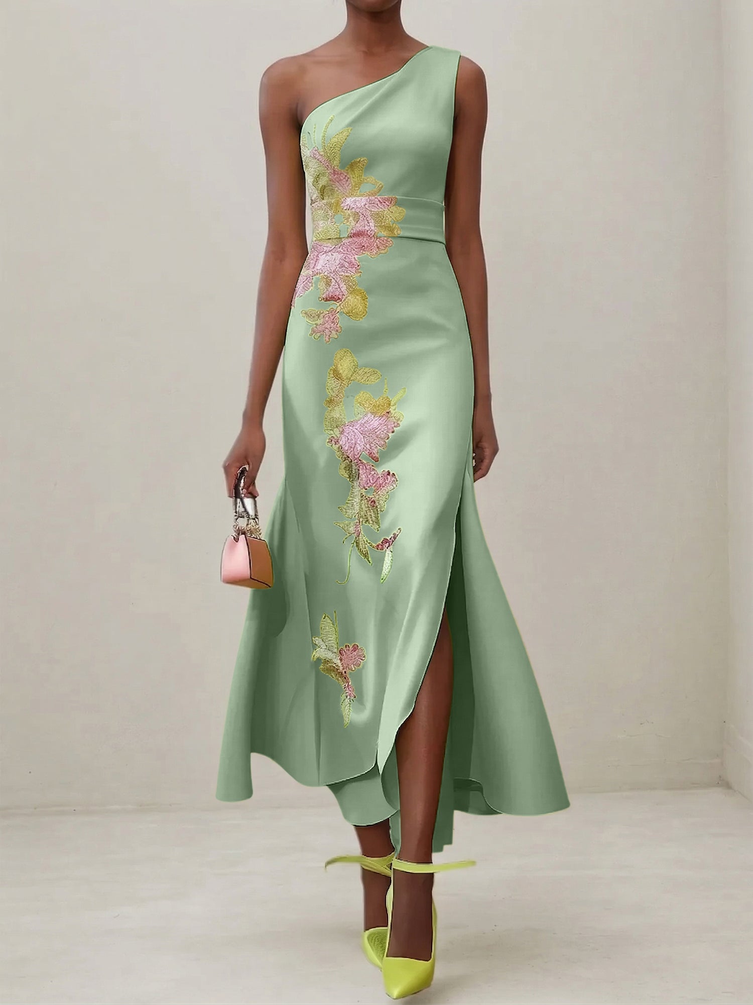Green Floral One Shoulder Embroidered Cap Sleeve Slit Sheath Maxi Dress