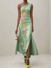 Green Floral One Shoulder Embroidered Cap Sleeve Slit Sheath Maxi Dress