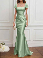Mother of the Bride Dress Champagne Satin Square Neck Maxi Dress