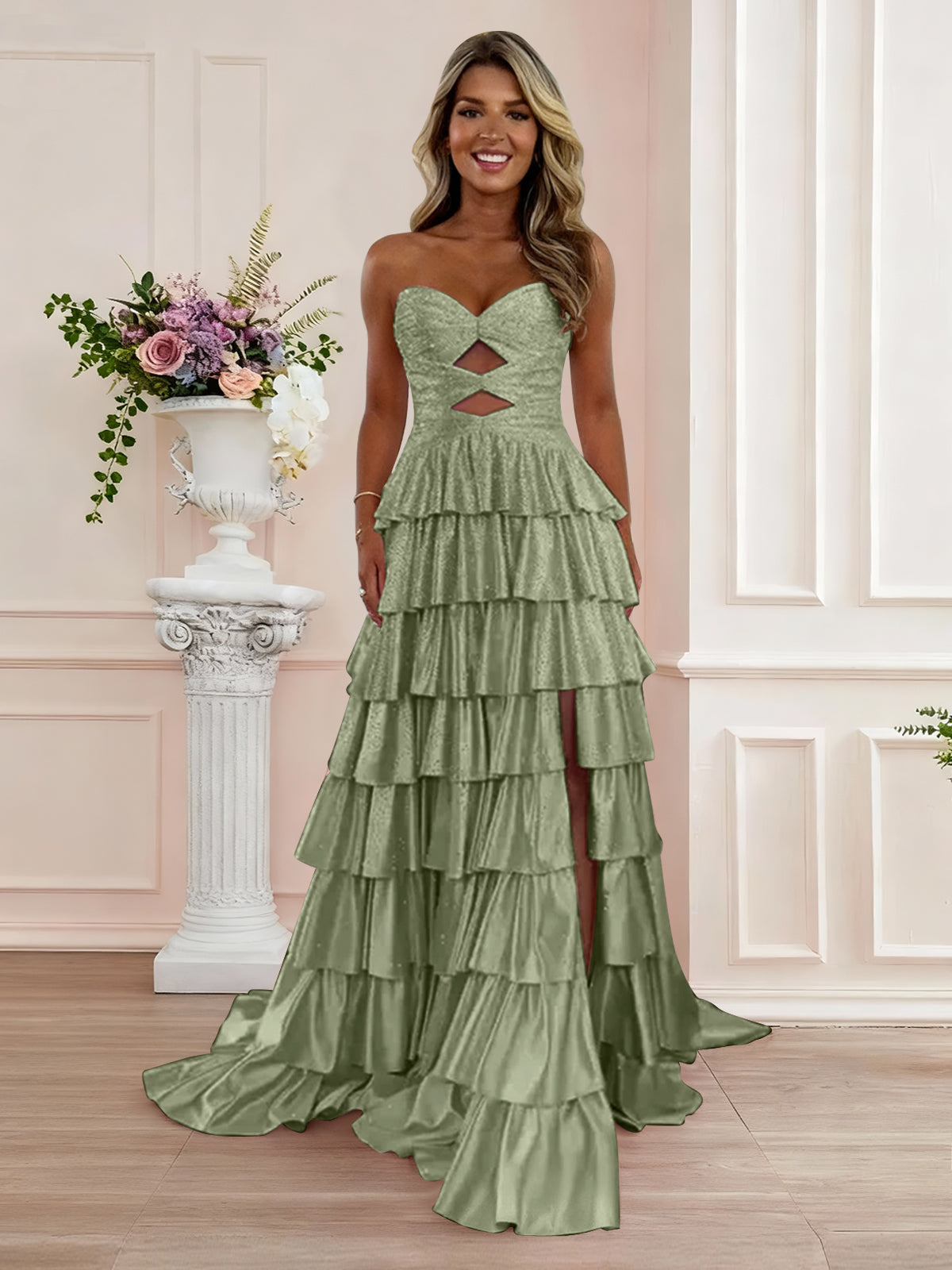 A Line Strapless Sweetheart Satin Prom Dress with Keyhole