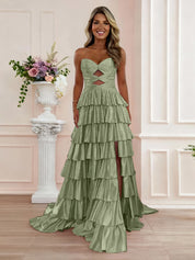 A Line Strapless Sweetheart Satin Prom Dress with Keyhole