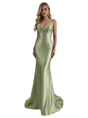 Blue Mermaid Spaghetti Straps V-Neck Rhinestone Long Prom Dress