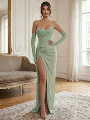 Blue Beaded Corset Long Prom Dress with Matching Gloves