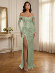 Silver Sequin Off-the-Shoulder Long Sleeves Corset Prom Dress with Slit