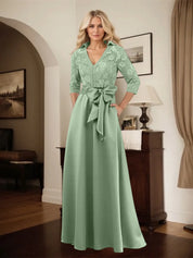 Classic V-Neck Bow Accented Satin Mother Of The Bride Dress With Lace