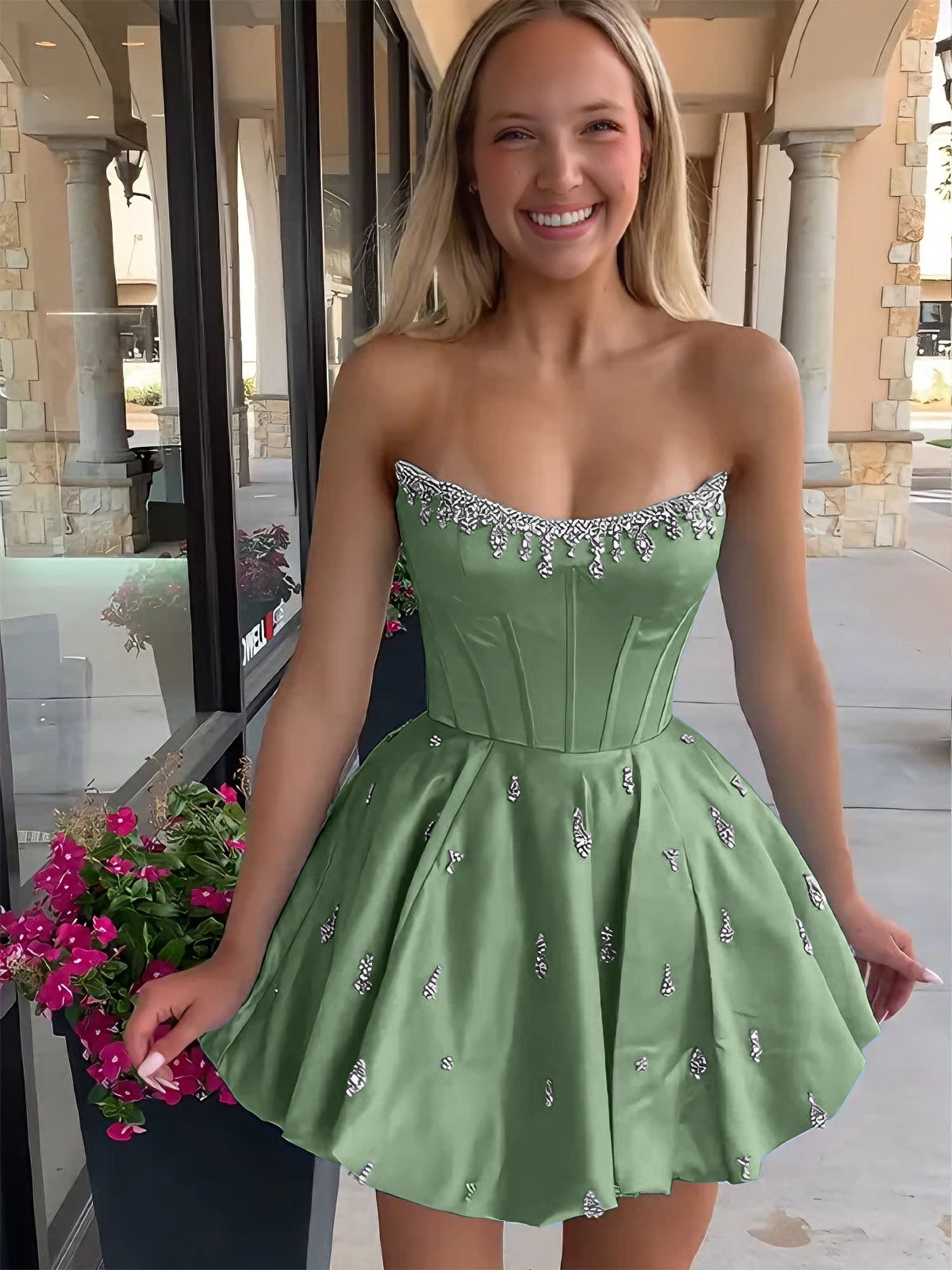 Sparkly Satin A Line Short Corset Homecoming Dress with Rhinestones