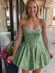 Sparkly Satin A Line Short Corset Homecoming Dress with Rhinestones